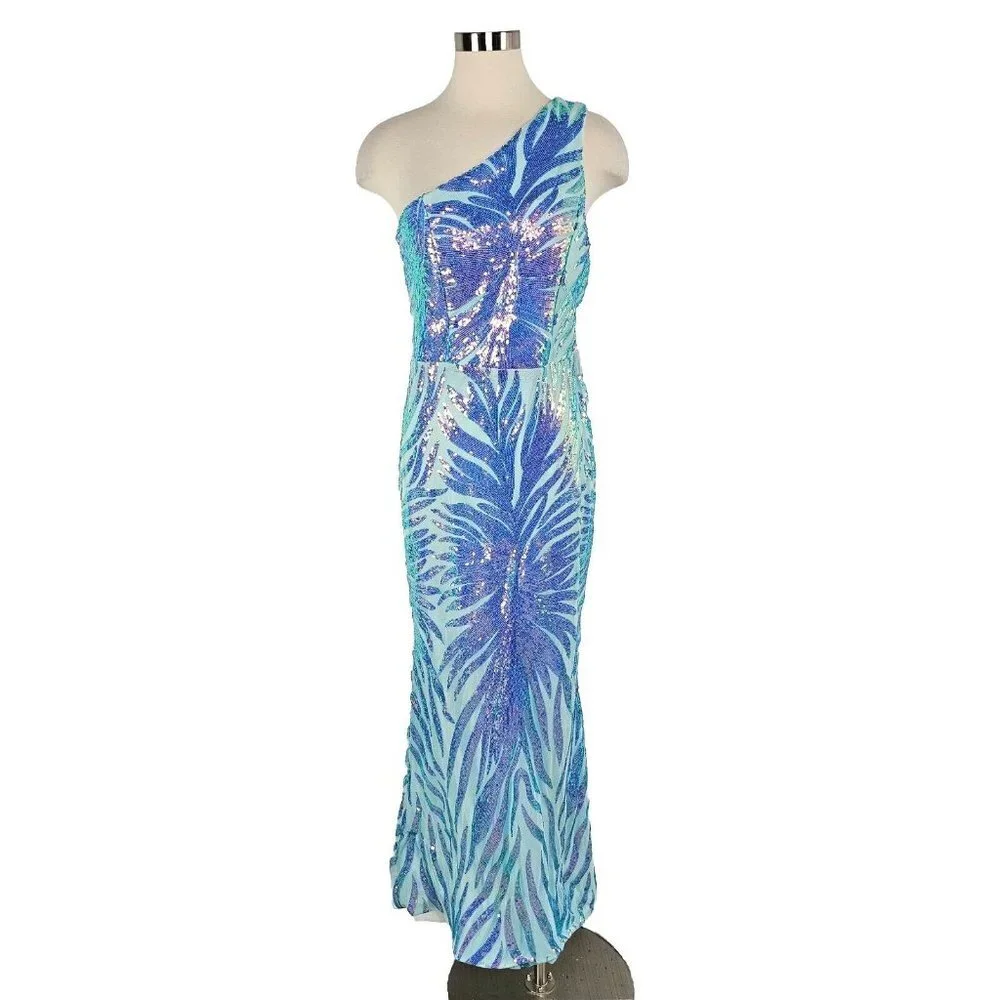 Giffniseti Dresses | Giffniseti One Shoulder Formal Sequin Holographic Evening Maxi Gown Womens 10 L | Color: Blue | Size: 10 | Closetcraver's Closet Giffniseti Dresses | Giffniseti One Shoulder Formal Sequin Holographic Evening Maxi Gown Womens 10 L | Color: Blue | Size: 10 | Closetcraver's Closet